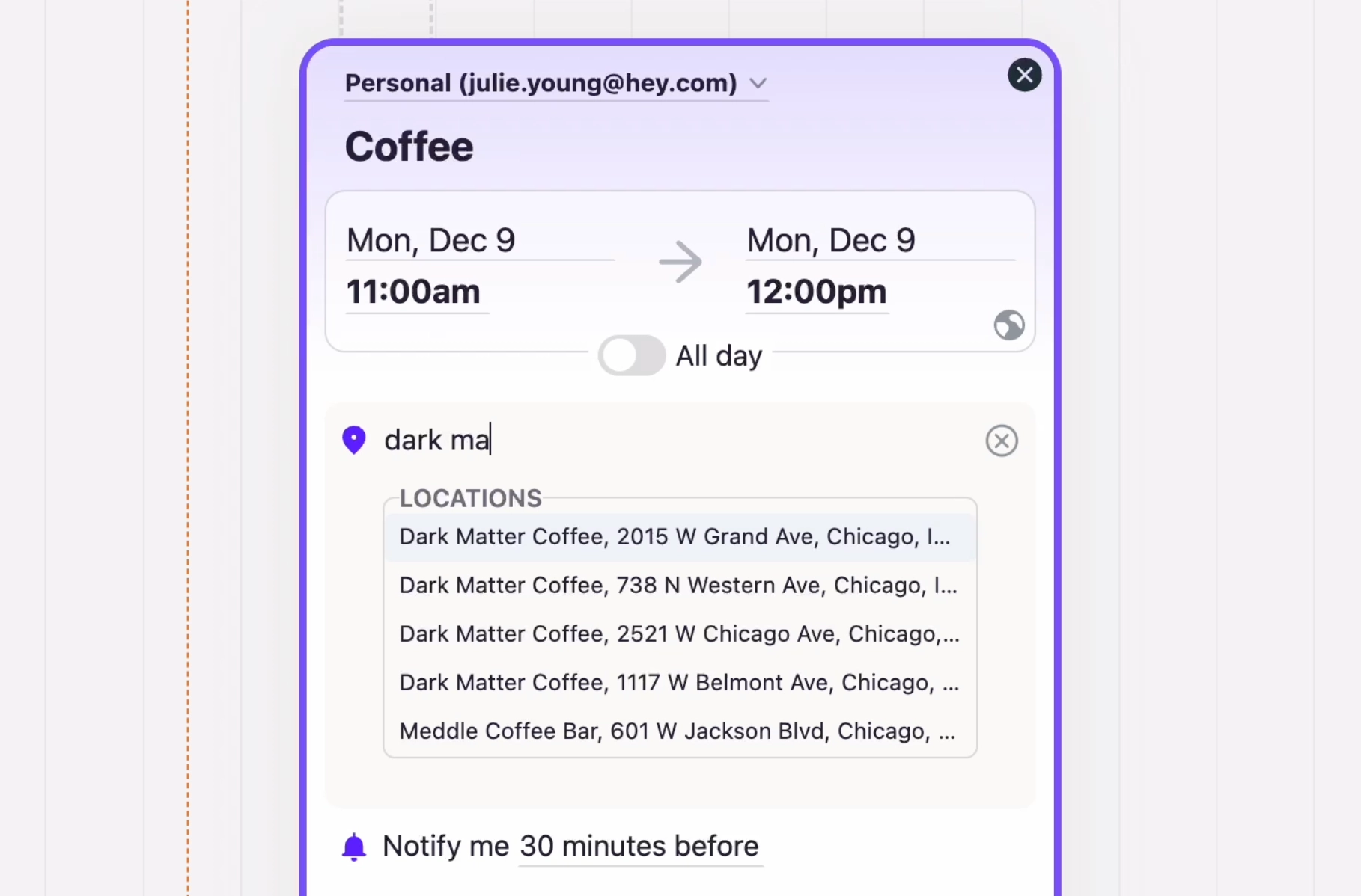 Location lookup in HEY Calendar